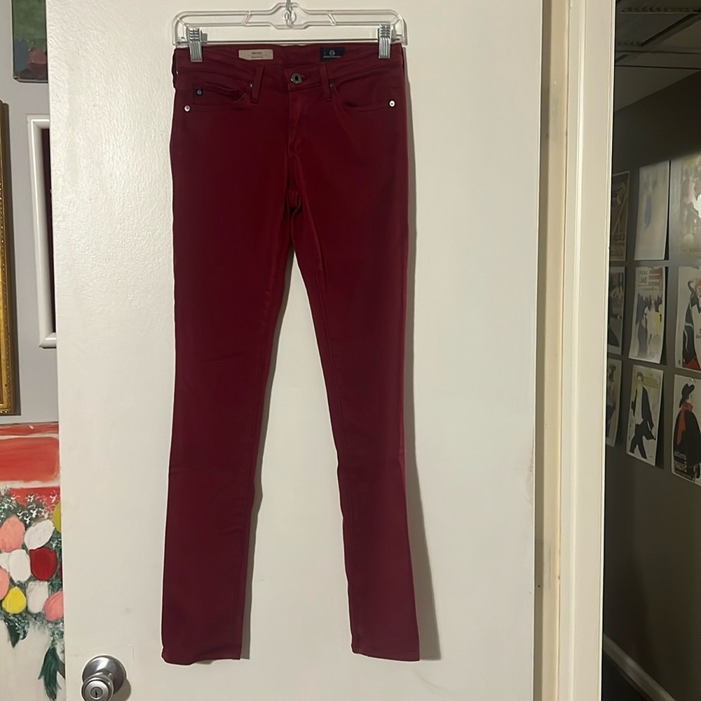 AG Adriano Goldschmied deep red 5pocket jeans. The stilt cigarette leg